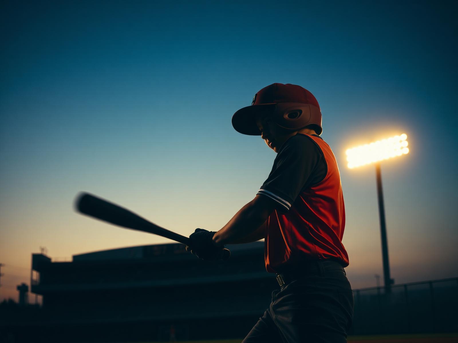 Athlete mid-swing under stadium lights